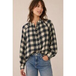Anthropologie Pilcro Breezy Plaid Blouse XXS Wool Blend Ruffle Mandarin Neck Top